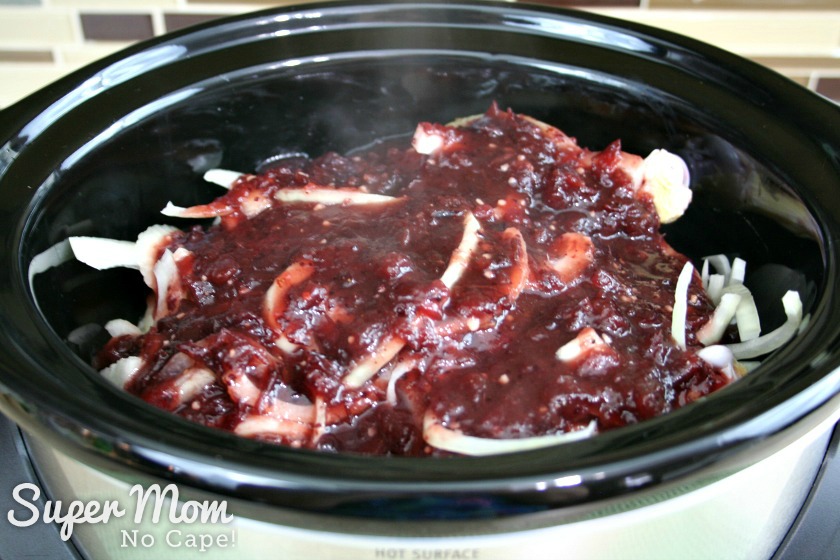 Cranberry sauce mixture poured over chicken and onion slices