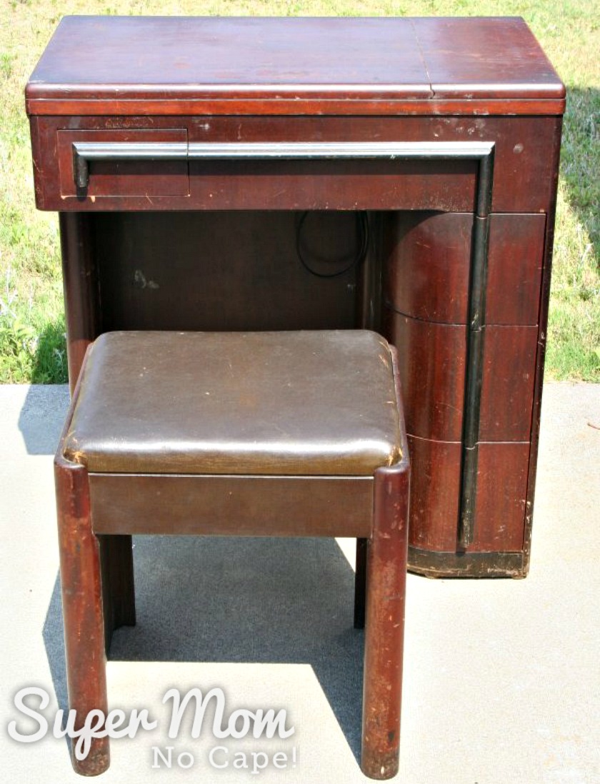 Photo of the Art Deco sewing machine cabinet before refinishing