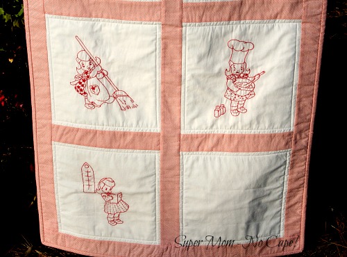 Close up of bottom of Vintage Chore Girl Wallhanging