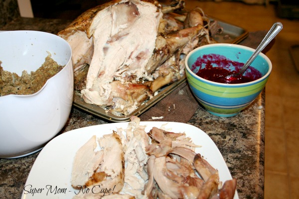 Photo of carved 12 lb turkey with stuffing and cranberry sauce.