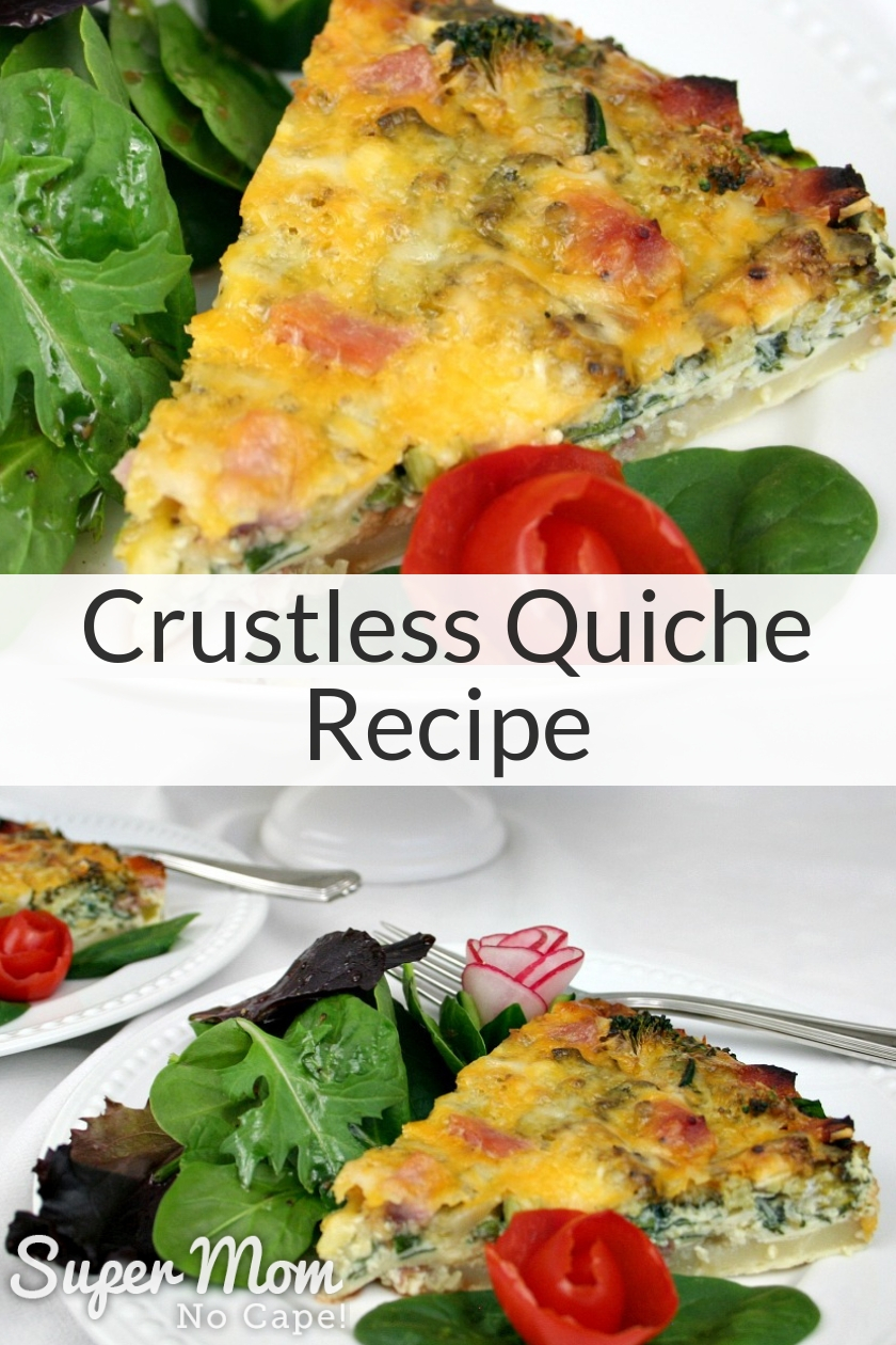 Collage photos of Crustless Quiche served with salad on white plates
