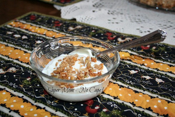 Yogurt topped with crumbs left from Honey Oatmeal Squares