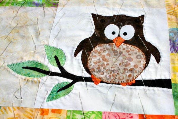 Appliqued Owl with Hand Quilting with #8 perle cotton