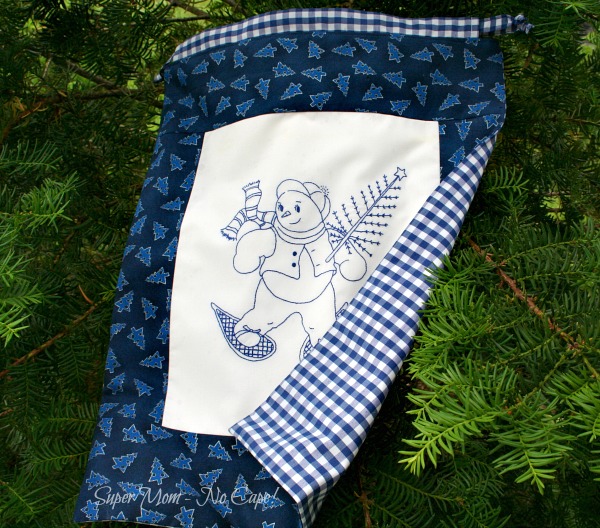 Snowman Gift Bag with blue gingham back