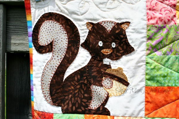 The appliqued squirrel on my Forest Friends Quilt