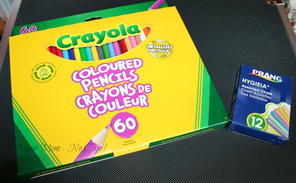 Crayola colored pencils and a box of chalk