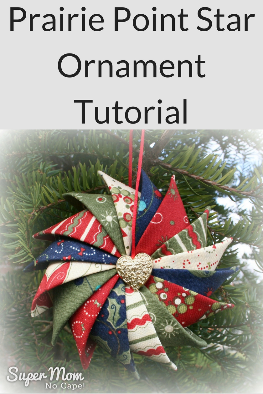Prairie Point Star Ornament Tutorial text at top of photo with the ornament hanging on a pine tree