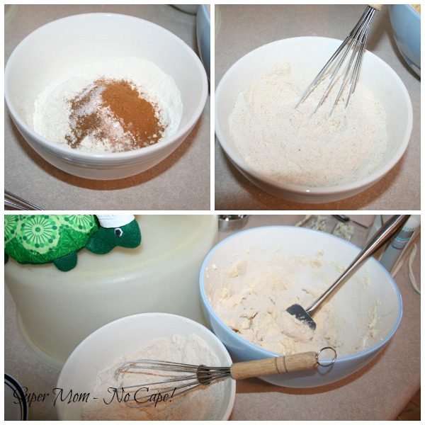 Photo collage of mixing and adding the dry ingredients