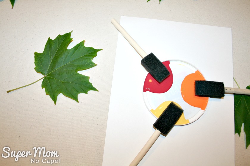 Paint tray with three color of paint and sponge brushes ready to paint a leaf on the Painted Maple Leaf Table Runner
