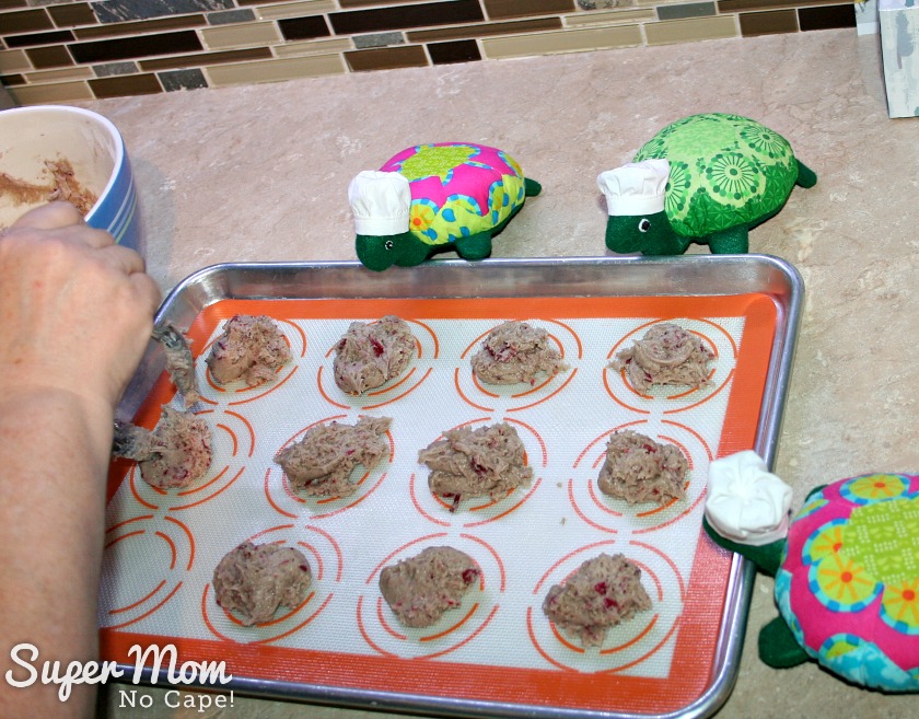 Hexie Turtle sitting around the baking sheet while spoonfuls are dropped on a lined baking sheet.