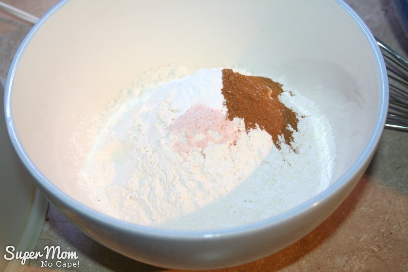 Flour and other dry ingredients in a mixing bowl.