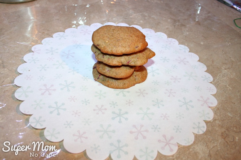 Stack the cookies in center of paper doily ready to be wrapped.