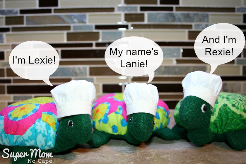 The Hexie Turtle wearing their chefs hats with speech bubbles to introduce themselves.