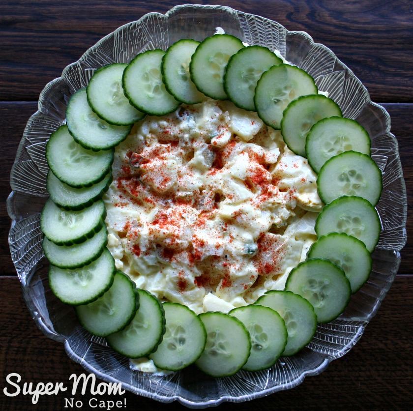 Potato Salad to Feed a Crowd - decorate the potato salad with a ring of sliced cucumbers and a sprinkle of paprika