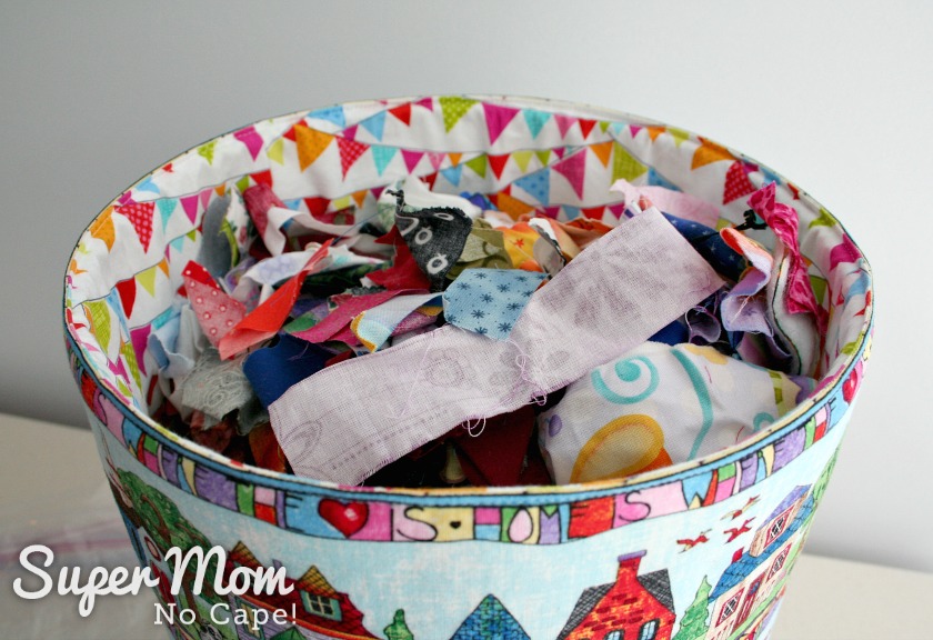 Fabric Scrap Storage - 10.5 inch Fat Quarter Pop_Up using Home Sweet Home fabric filled with fabric scraps