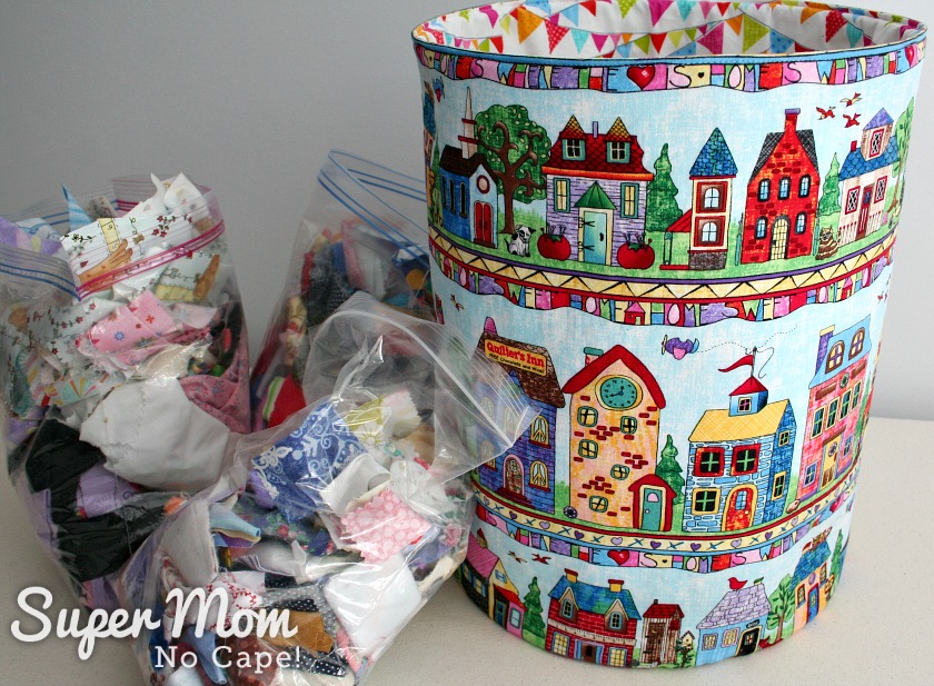 Fabric Scrap Storage - 10.5 inch Fat Quarter Pop_Up using Home Sweet Home fabric with bags of fabric scraps