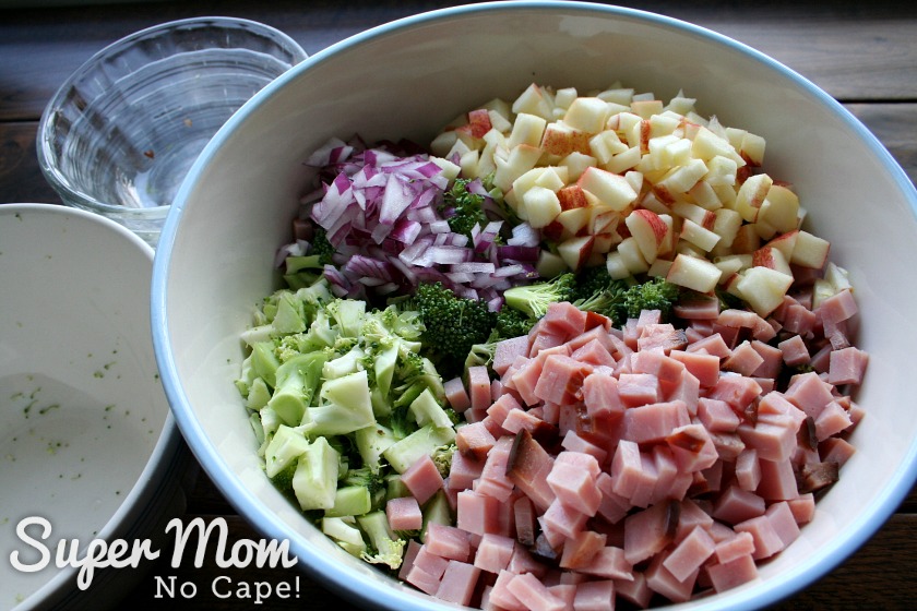 Broccoli Salad with Balsamic May Dressing - add salad ingredients to a medium sized bowl