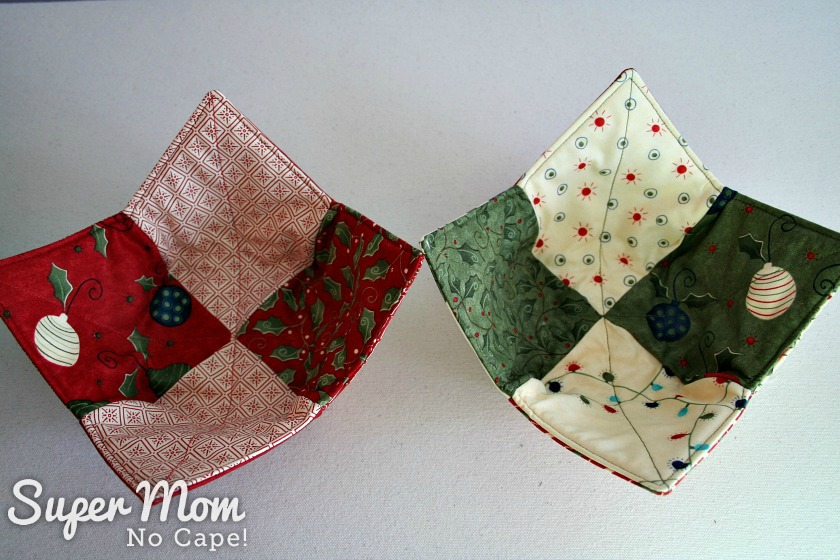 Christmas Charm Square Soup Bowl Cozies - Christmas ornaments fabric in deep red and green