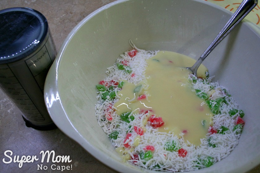 Coconut Cherry Drop Cookies - 5 Add sweetened condensed milk to the bowl