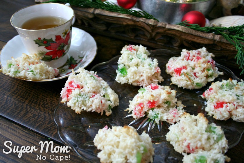 Baked Coconut Cherry Drop Cookies served with a cup of tea