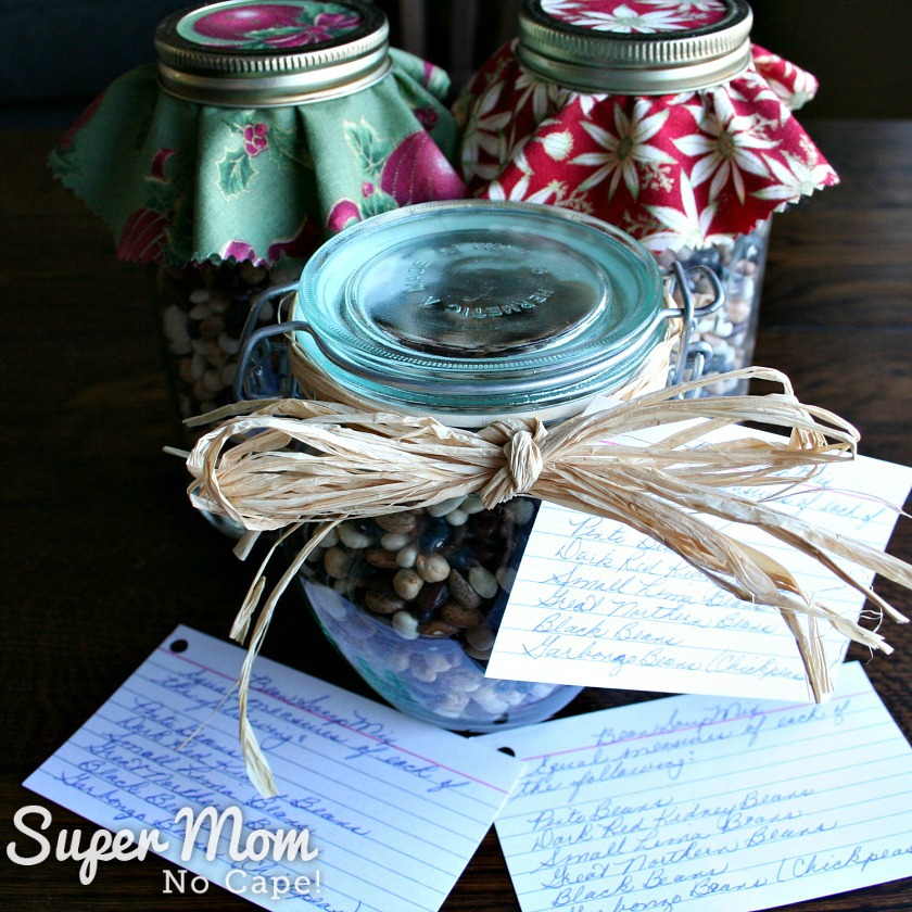 Bean Soup in a Jar Mix - Jar of Dried Bean Soup with rafia and recipe card