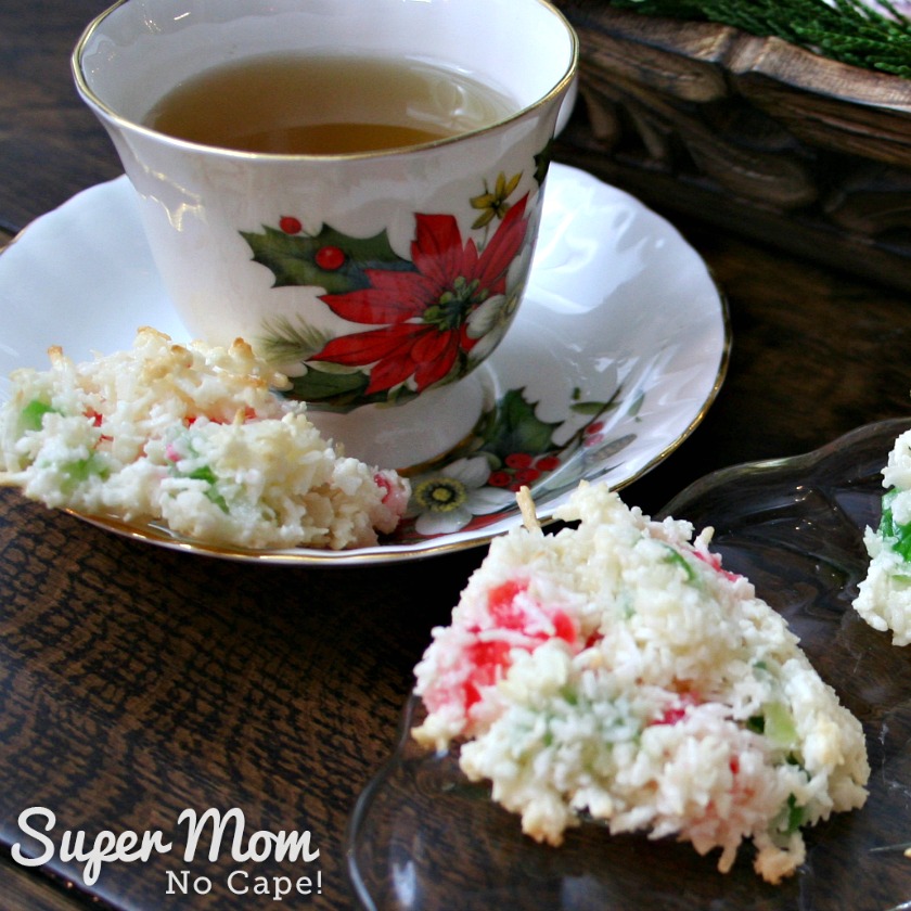 Coconut Cherry Drop Cookies served with cup of tea