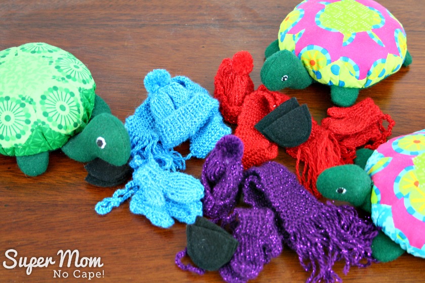 Hexie Turtles with they winter hats, mitts, scarves and boots