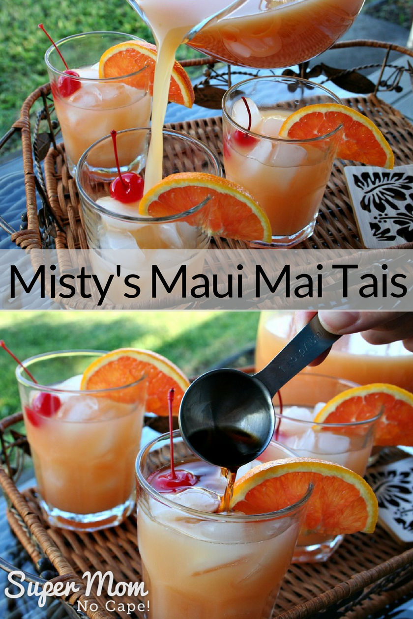 Collage image with top image of Misty's Maui MaiTai Mix being poured into a glass and bottom image of a tablespoon of dark rum being added to the top of the glass