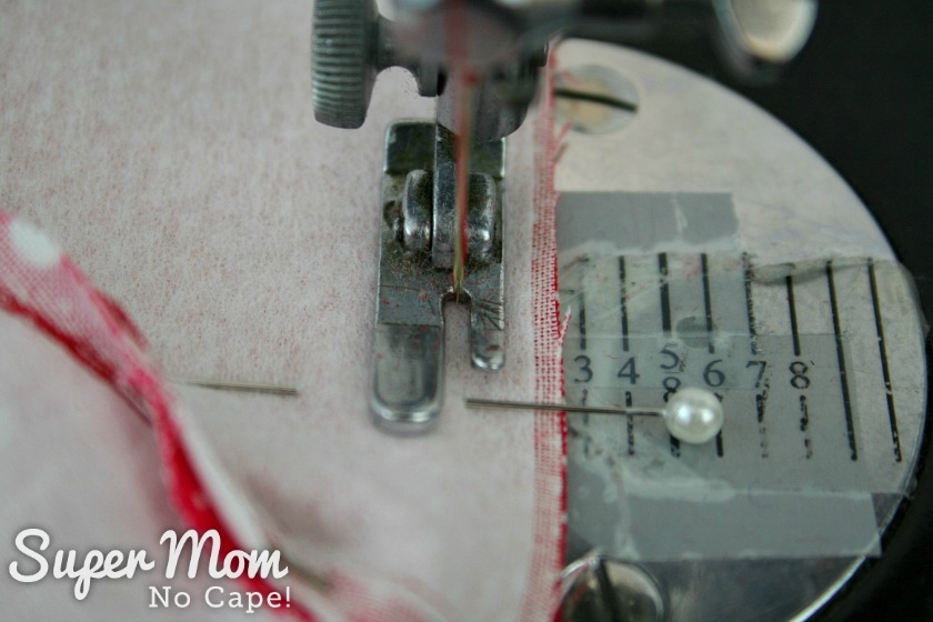Photo of the almost three eighths inch seam allowance being sewn on the cone lining.