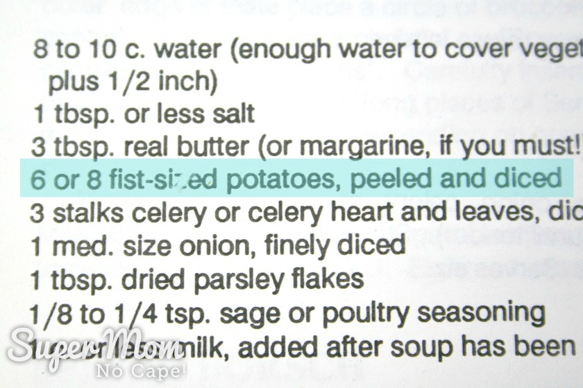 Highlighted section of recipe calling for 6 or 8 fist sized potatoes