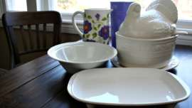 Thrift store treasures - 3 pieces of whiteware and 2 colorful vases