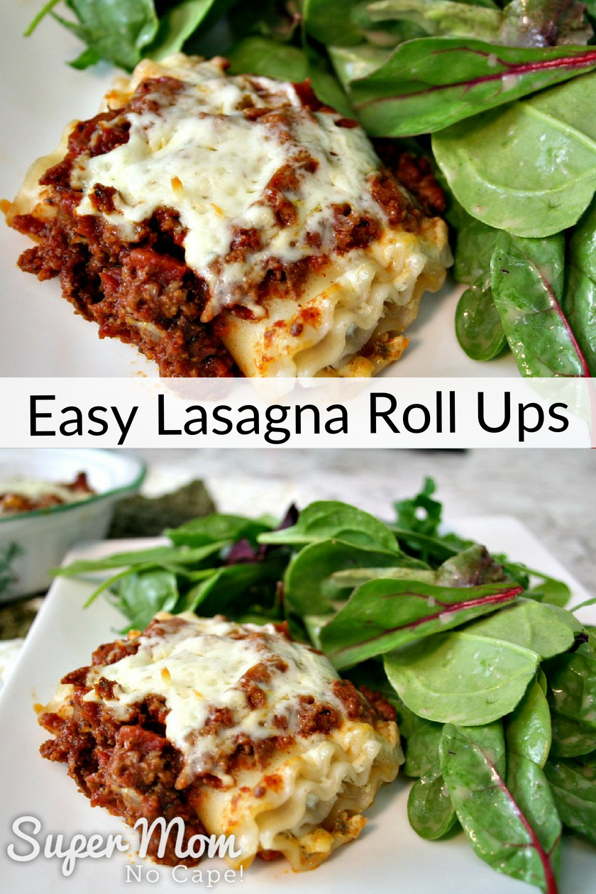 Collage photo showing Easy Lasagna Rolls Ups served with salad