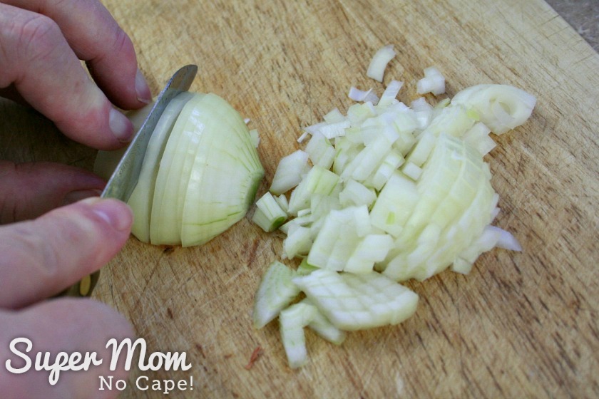 Chopping onions for Lamb Stuffed Portobello Mushrooms