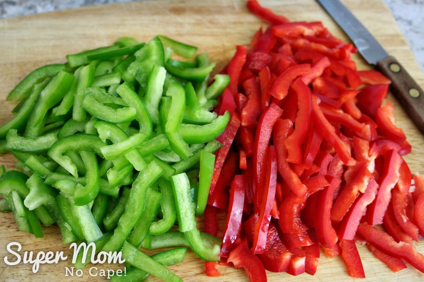 Green and Red Peppers sliced in one inch pieces for Refrigerator Pickles
