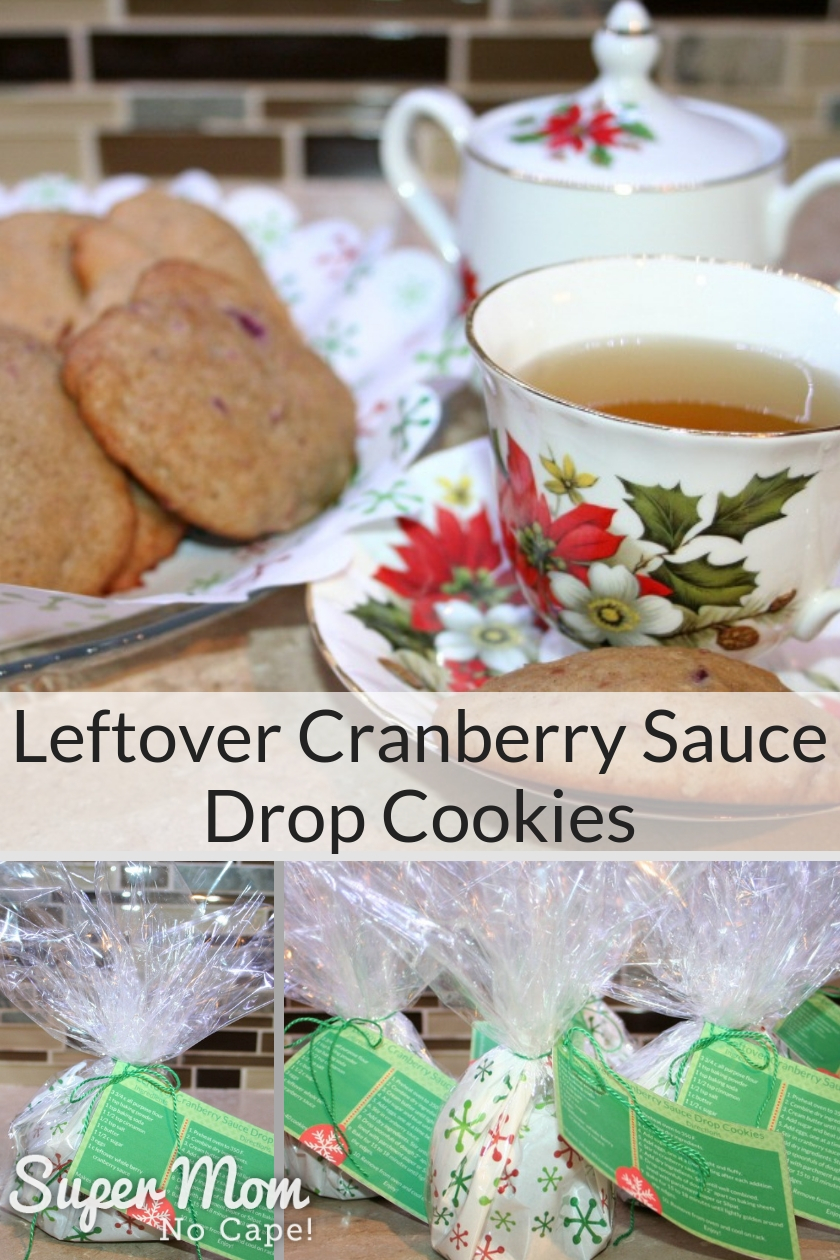 Leftover Cranberry Sauce Drop Cookies on a plate with tea cup and packages ready to give
