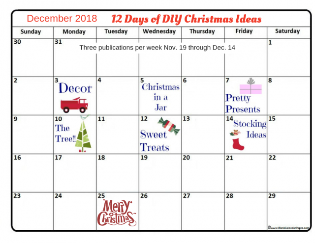 Calendar for Days in December for the last 6 of the 12 Days on Christmas