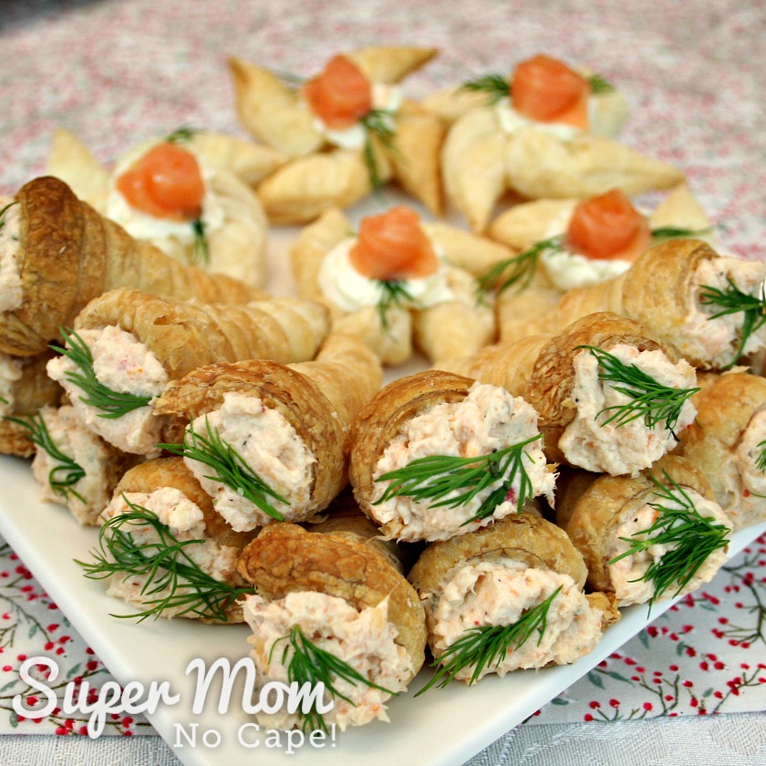 Puff Pastry Cones filled with Sweet Chili Shrimp Dip served on a white plate