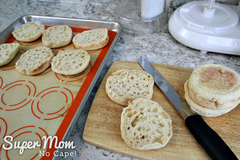Slicing the english muffins for Caper Snacks