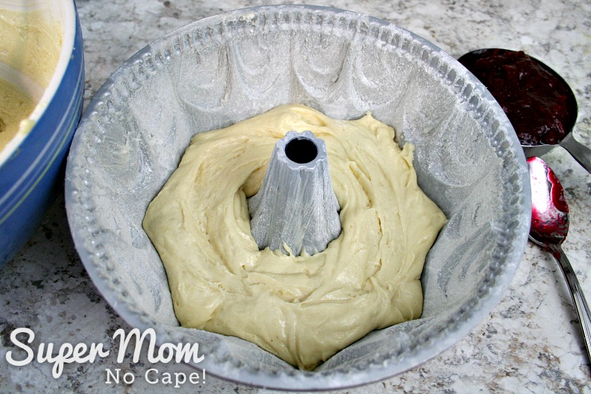 Bundt cake pan with half the Cranberry Coffee Cake batter
