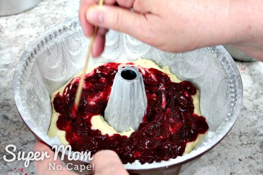 Swirling the cranberry sauce into the batter for the Cranberry Coffee Cake