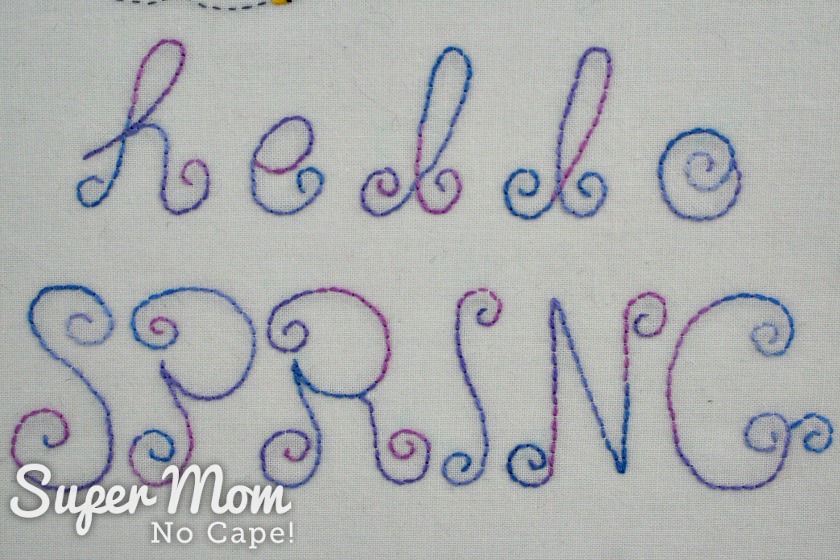 Backstitch was used to embroider Hello Spring words