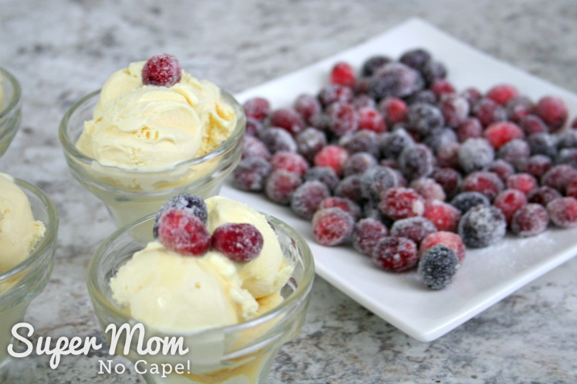 Vanilla Ice Cream topped with sugared cranberries