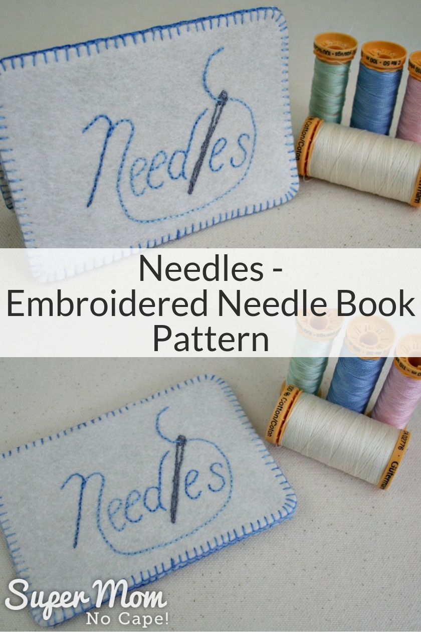 Collage photo of Needles embroidered needle book and 4 spools of thread