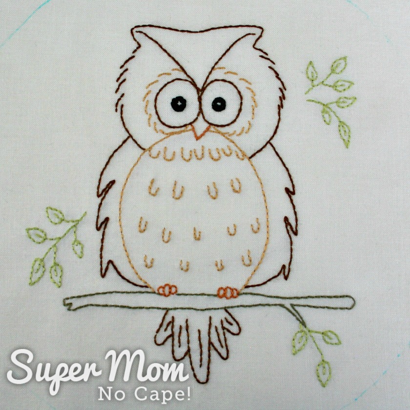 Completed embroidery of Owain Owl before being hooped