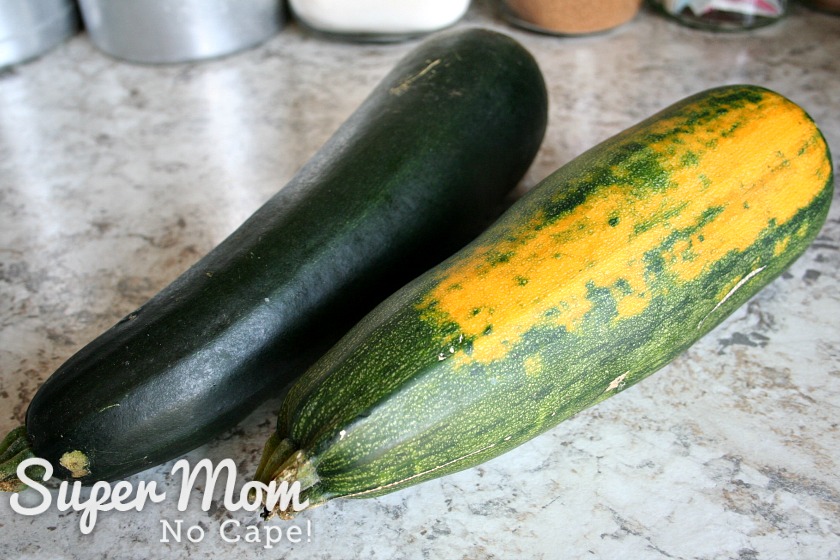 Two large zucchinis on a kitchen counter