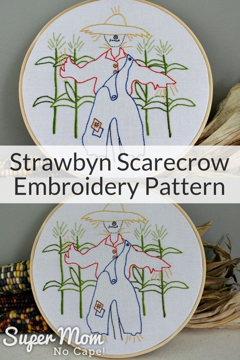 Collage photo of the Strawbyn Scarecrow Embroidery Pattern wooden embroidery hoop