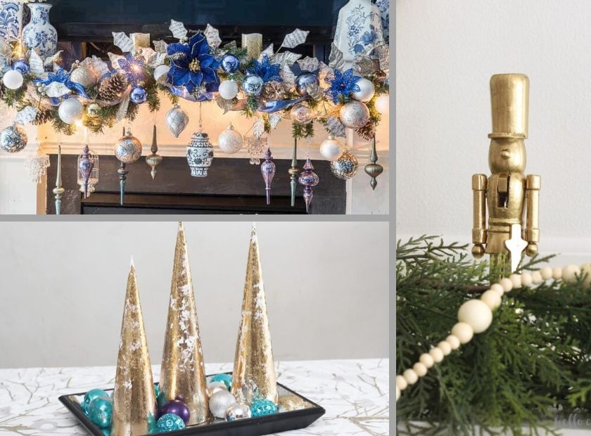 Collage photo of mantel garland, gold trees and gold nutcracker