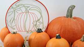 Pumpkin Harvest Time Embroidery in orange hoop with small pie pumpkin and larger pie pumpkin