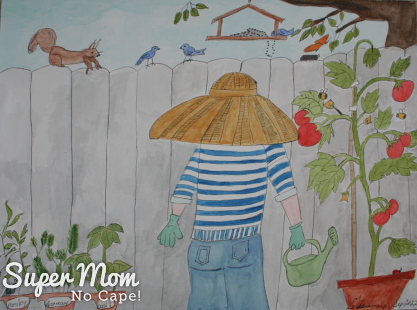 Photo of August's Calendar Page - Watercolor painting of lady in straw hat in her garden beside tomato plant.