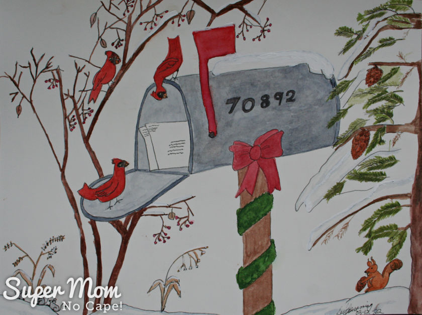 Photo of December's Calendar Page - Watercolor painting of cardinals on a mailbox with letters inside.